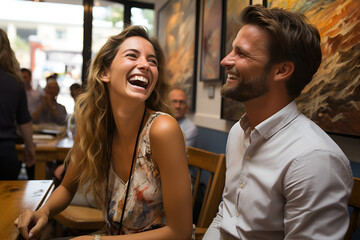 A couple laughing together while sitting in the restaurant