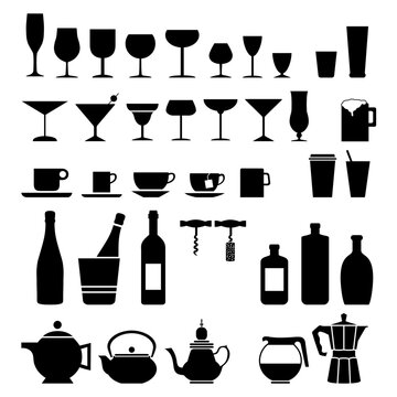 Ensemble de pictogrammes noirs sur le thème de la boisson avec divers objets de cuisine : verre, tasse, bouteille, tire bouchon, gobelet, théière et cafetière. 