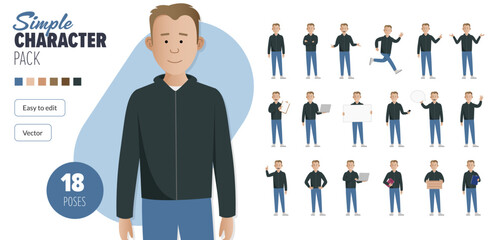Simple flat male vector character in a set of multiple poses. Easy to edit and isolated on a white background. Modern trendy style character mega pack with lots of poses.	