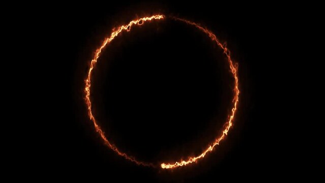 Beautiful ring of fire on black background. Abstract solar fire circle. Gradually appearing burning ring of fire. 4k.