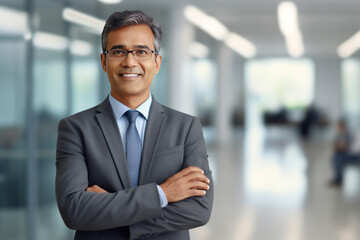 Portrait of middle aged businessman in glasses with crossed arms standing in office and smiling. Confident mature middle age leader, professional manager, lawyer, banker