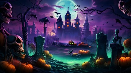 Halloween background with pumpkins and castle, 3d render illustration. Night forrest. Holiday event halloween banner background concept