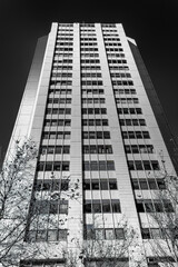 Fototapeta premium Black and white abstract upward view of downtown skyscrapers.