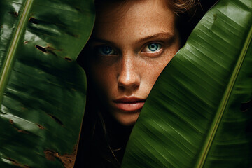 Вeautiful blue-eyed woman with freckles in the jungle peeks out from behind a tropical palm tree - obrazy, fototapety, plakaty