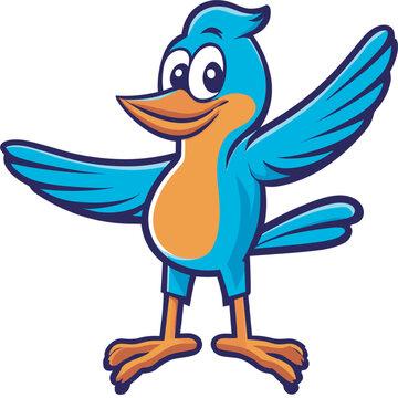 Beautiful happy blue bird vector character in cartoon style