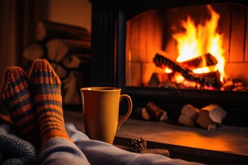 Feet in woollen socks by the Christmas fireplace. Man resting by the fire with blanket and tea. Woman relaxes by warm with cup of hot drink. Winter and Christmas holidays concept