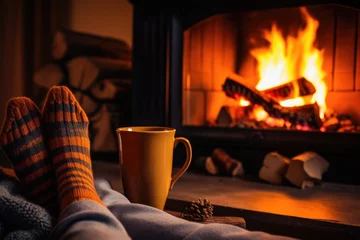 Stoff pro Meter Feuer Feet in woollen socks by the Christmas fireplace. Man resting by the fire with blanket and tea. Woman relaxes by warm with cup of hot drink. Winter and Christmas holidays concept