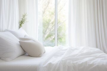 Minimal white pillow with nature light from curtian windows.