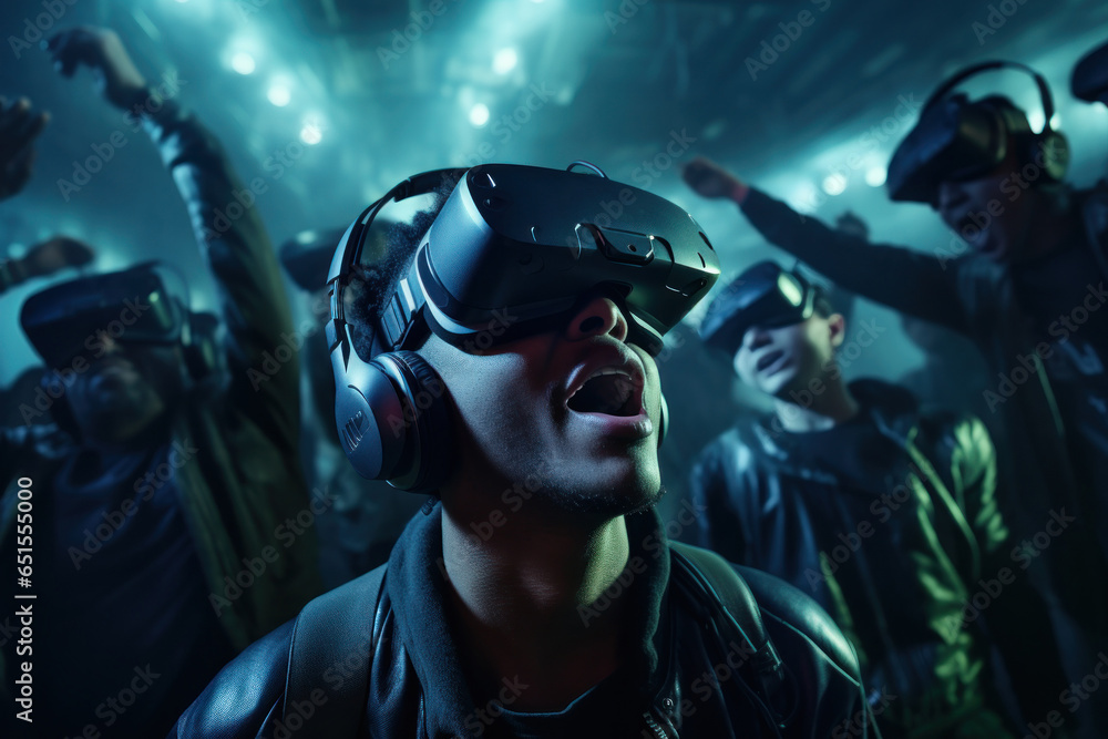 Poster a group of people wearing virtual reality headsets, immersed in a virtual world. this image can be u