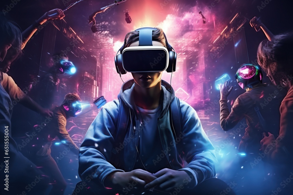 Poster A man wearing a virtual reality headset stands in front of a group of people. This image can be used to depict the experience of virtual reality technology in a social setting.