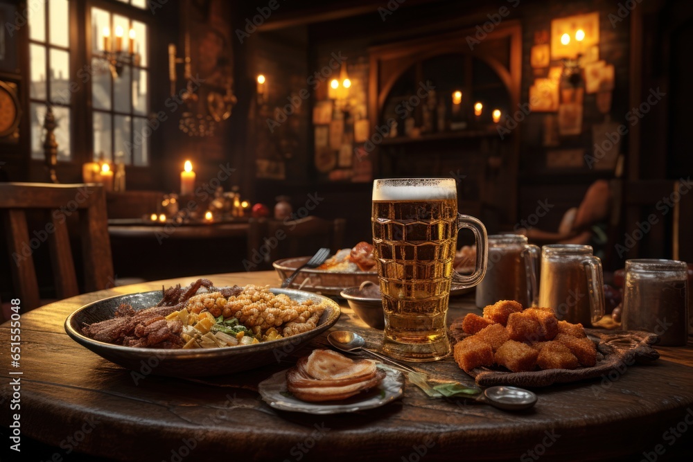 Poster a table with plates of delicious food and a refreshing glass of beer. perfect for showcasing a tasty