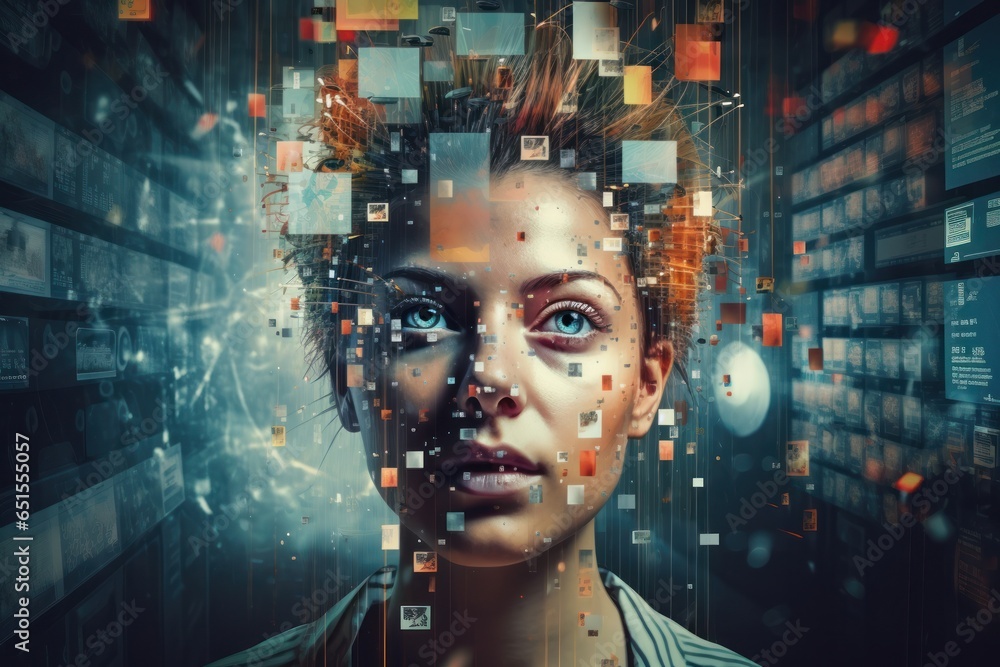 Poster A woman's face is depicted in an abstract style with squares and dots. This image can be used for modern art concepts or digital design projects.