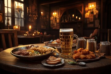 A table with plates of delicious food and a refreshing glass of beer. Perfect for showcasing a tasty meal and a relaxing drink. - obrazy, fototapety, plakaty