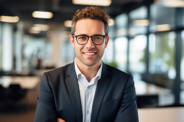 Fototapeta premium Portriat of smiling businessman in office background.