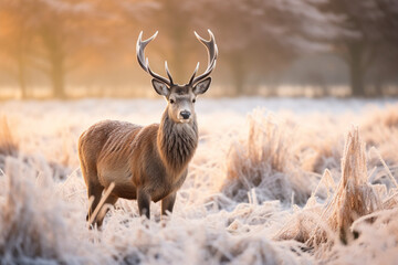 Naklejka na ściany i meble Red deer on frosted grass field on floor in winter season with beautiful morning light background.