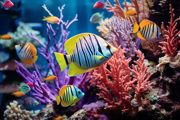 Naklejka na ściany i meble Beautiful sea life under the sea with colorful of coral, fishes, animals, shells