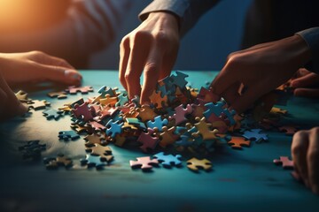 A group of people collaborating to put the pieces of a puzzle together. This image can be used to represent teamwork, problem-solving, collaboration, and working together towards a common goal. - obrazy, fototapety, plakaty