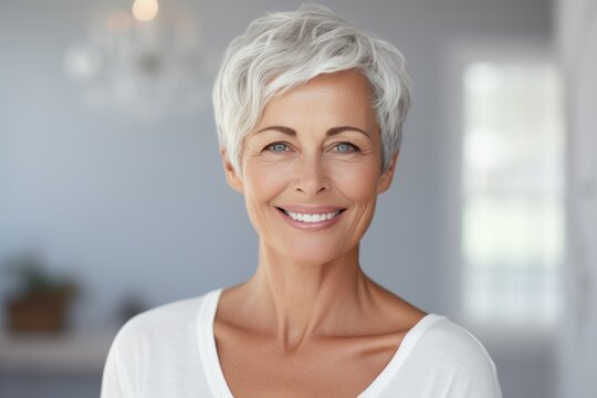 A picture of a woman with white hair and a warm smile on her face. This image can be used to convey happiness, positivity, and aging gracefully.