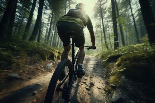 A man is riding a bike down a dirt road. This image can be used to depict outdoor activities or a sense of adventure.