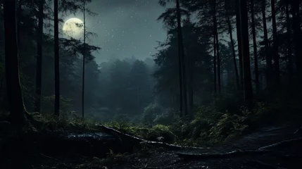 Foto op Plexiglas Crescent moon illuminating a tranquil, mist-shrouded forest, Generative AI © Charles