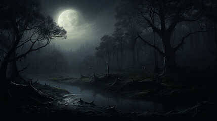 Sliver of moonlight brightening a peaceful, mist-enveloped forest, Generative AI