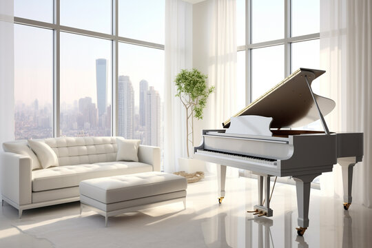 White piano in modern living room with big city background