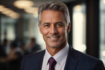 Fototapeta premium Close-up headshot of a confident, mature 50-year-old banker and businessman smiling at the camera.