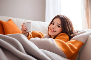 Cheerful woman enjoys coffee under covers on cozy couch. Embracing autumn warmth at home.