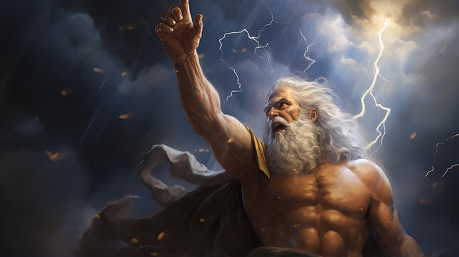 poderoso Zeus levantando as m&atilde;os lan&ccedil;ando seu raio