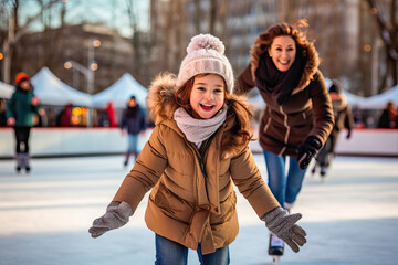 Mother and daughter ice skating on a rink in the city - obrazy, fototapety, plakaty