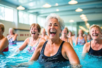 Rolgordijnen Group of mature women doing gymnastics in the gym pool © Victor