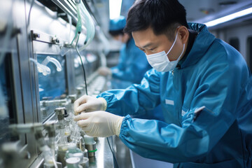 Japan technician conducting final tests on purified water