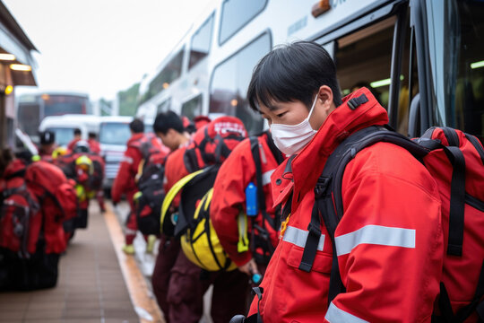 Team of japan emergency responders in evacuation staging area with buses.