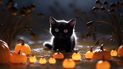 A black cat with tiny pumpkins, cute, cartoon - obrazy, fototapety, plakaty