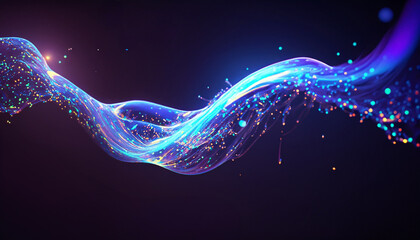 Abstract flowing fluid light particles purple and blue on black background in concept technology, science - obrazy, fototapety, plakaty