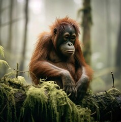 Naklejka premium Sad Orangutan sitting in the jungle 