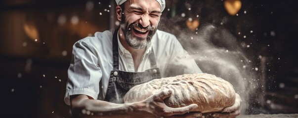 Baker is making in oven fresh sourdough bread with mess of flour, food panorama. Generative Ai.