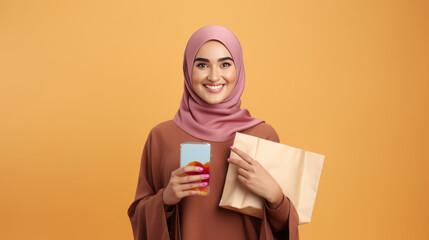 Muslim Arab Woman wearing a hijab holding smartphone and bright paper shopping bags on a studio background Concept of Shopping, Black Friday sale and Cyber Monday online.