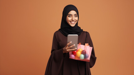 Muslim Arab Woman wearing a hijab holding smartphone and bright paper shopping bags on a studio background Concept of Shopping, Black Friday sale and Cyber Monday online.