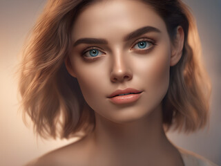 Naklejka premium beauty photography portrait model advertising. Beautiful young woman with perfect glowing skin and blue eyes. A beautiful girl shows the result of a skin care procedure. generative AI