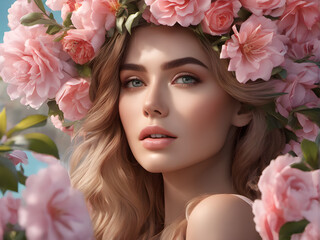 Naklejka premium beauty photography. portrait model in flowers. Beautiful healthy facial skin. beauty industry advertising. generative AI