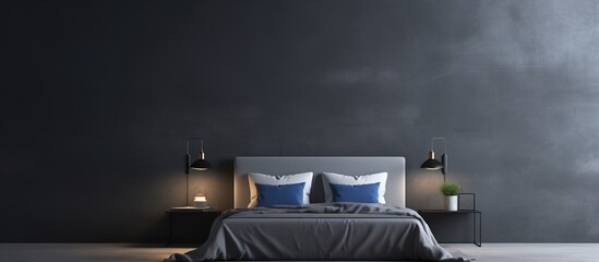 Modern empty bedroom with navy and gray tones center bed Microcement wall contemporary bedding