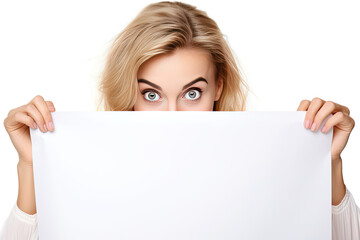 Fototapeta premium A blonde woman holds a large white banner in her hands. Empty space for product placement or advertising text.