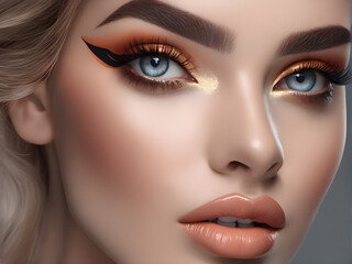beauty photography closeup portrait model with trendy makeup advertising. Beautiful young woman with perfect glowing skin and blue eyes. generative AI
