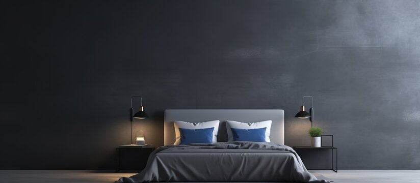 Modern empty bedroom with navy and gray tones center bed Microcement wall contemporary bedding
