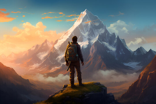 Adventure traveler mountains. Hiker in mountain landscape enjoys sunsets. Generative AI