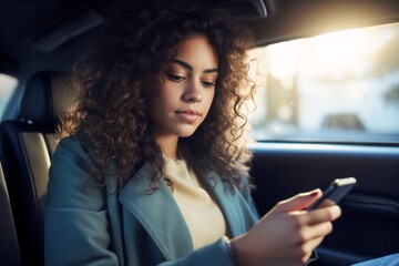 young woman uses a smartphone while sitting in the back seat of a car
