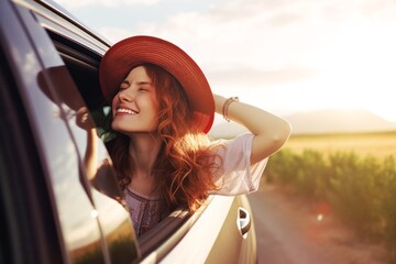 portrait of a cute smiling woman leaning out of the car window at a sunny day