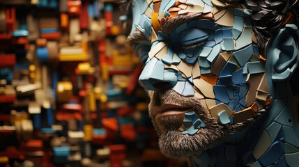 Close-up of the face of a man made of colorful plastic blocks.