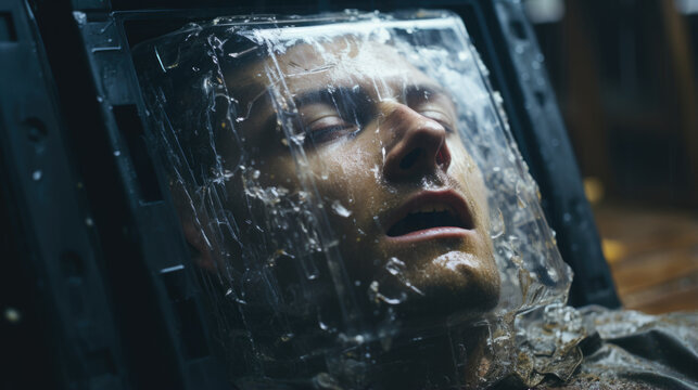 Close-up portrait of a man inside a cryogenics chamber.